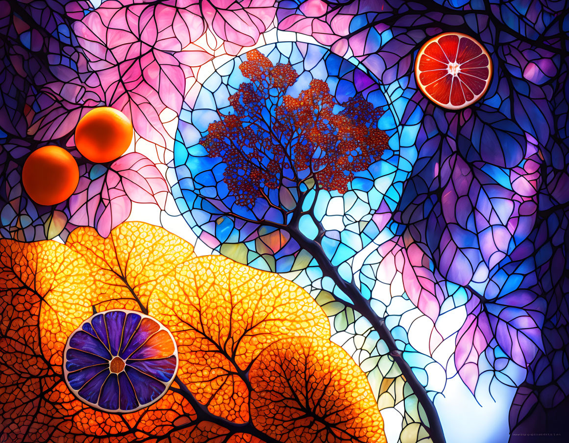 Colorful Tree and Citrus Fruits in Stained Glass Style