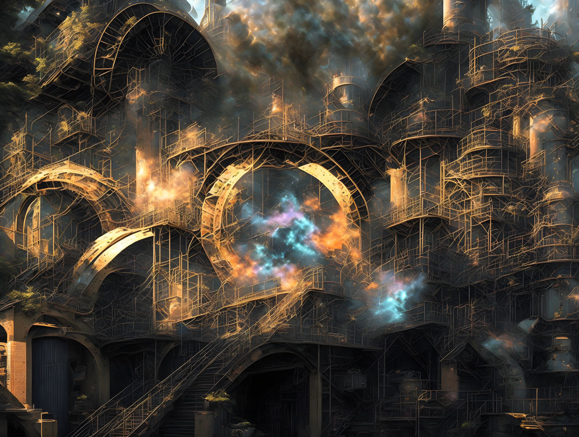 Futuristic structure with arches, staircases, scaffolds in smog with glowing nebula