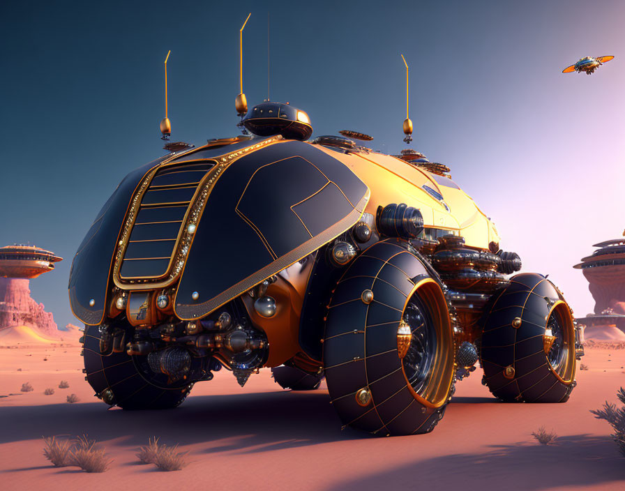 Futuristic six-wheeled rover in alien desert landscape with flying vehicle