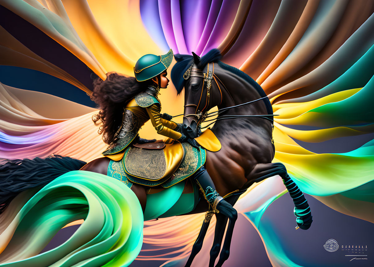 Ornate armored warrior on horseback with vibrant abstract background