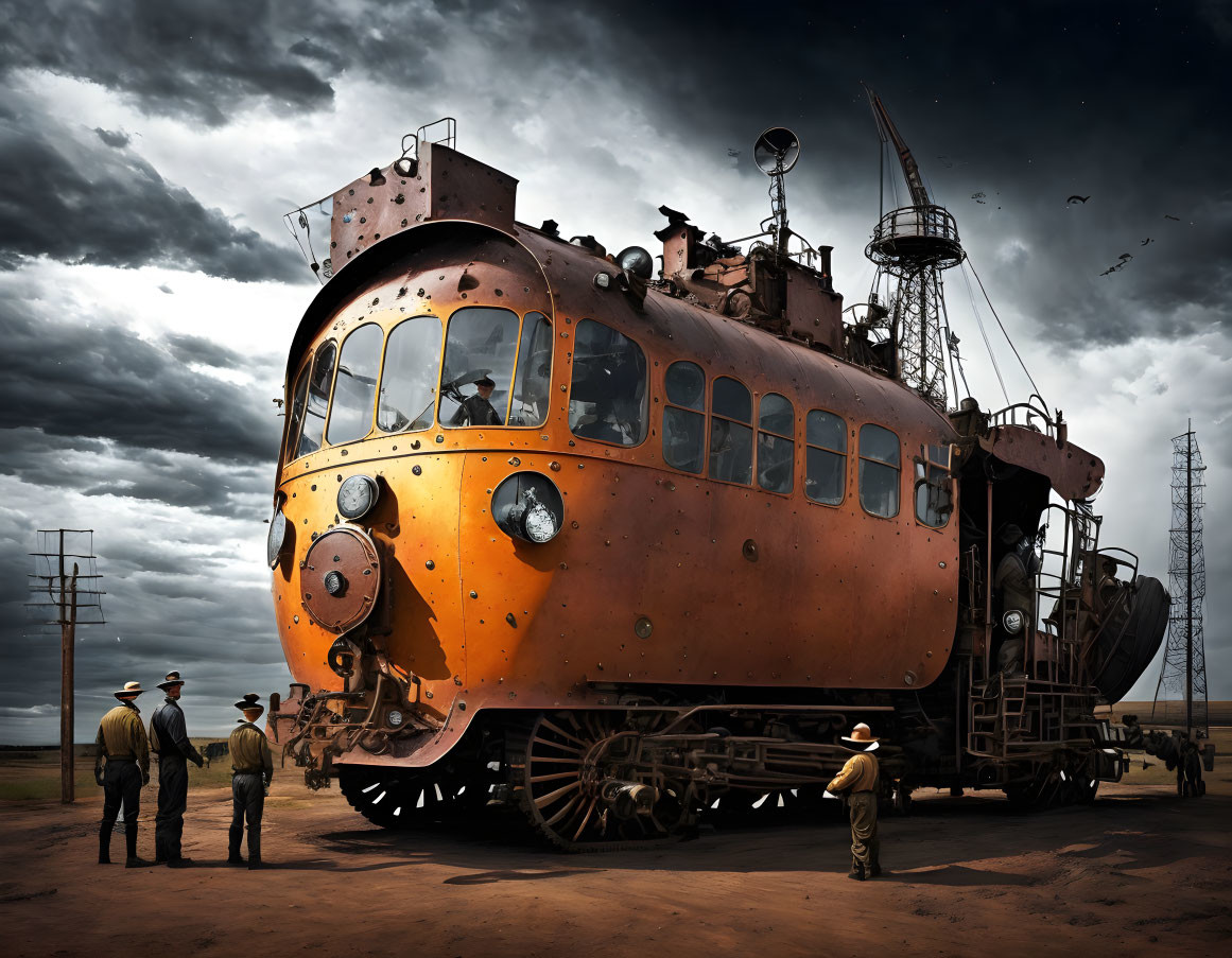 Retro-futuristic orange train with oversized wheels in barren landscape