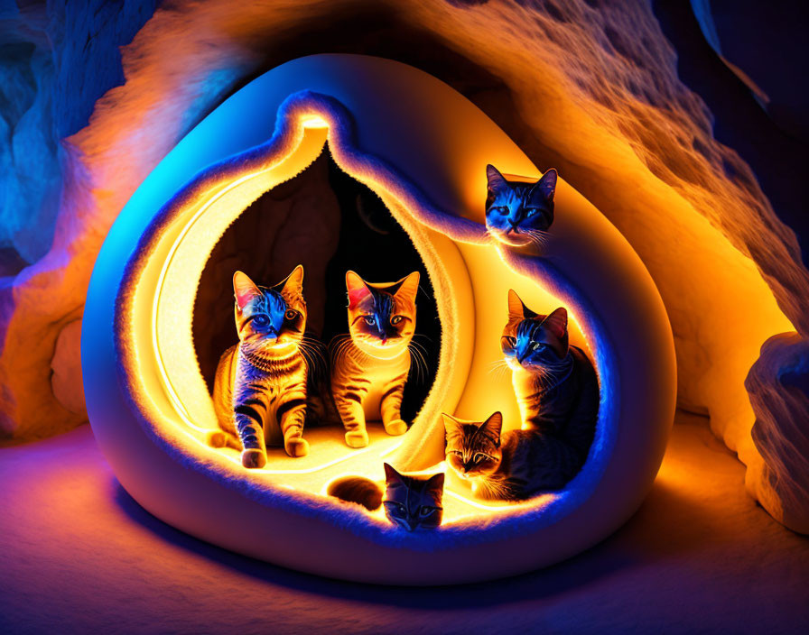 Multiple glowing cats in luminous cave with warm, mystical backdrop