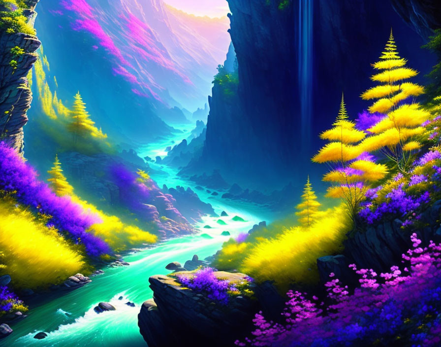 Colorful Fantasy Landscape with Luminous River and Vibrant Flora