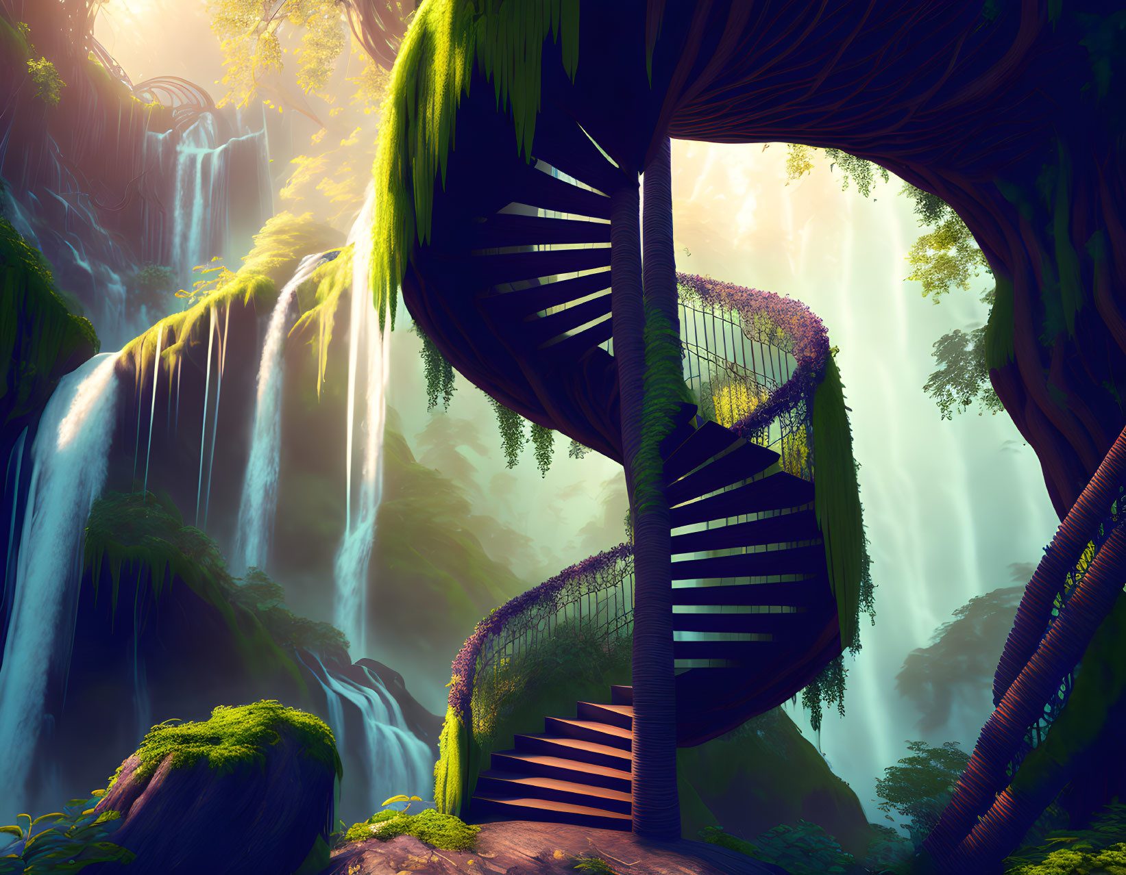 Enchanting forest scene with spiral staircase around giant tree