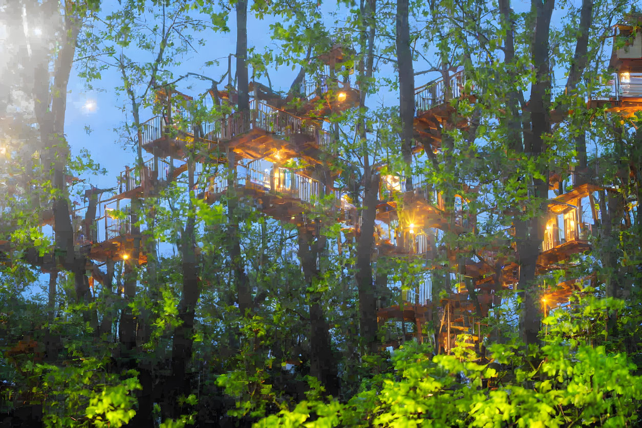 Serene forest setting with treehouses and warm evening lights