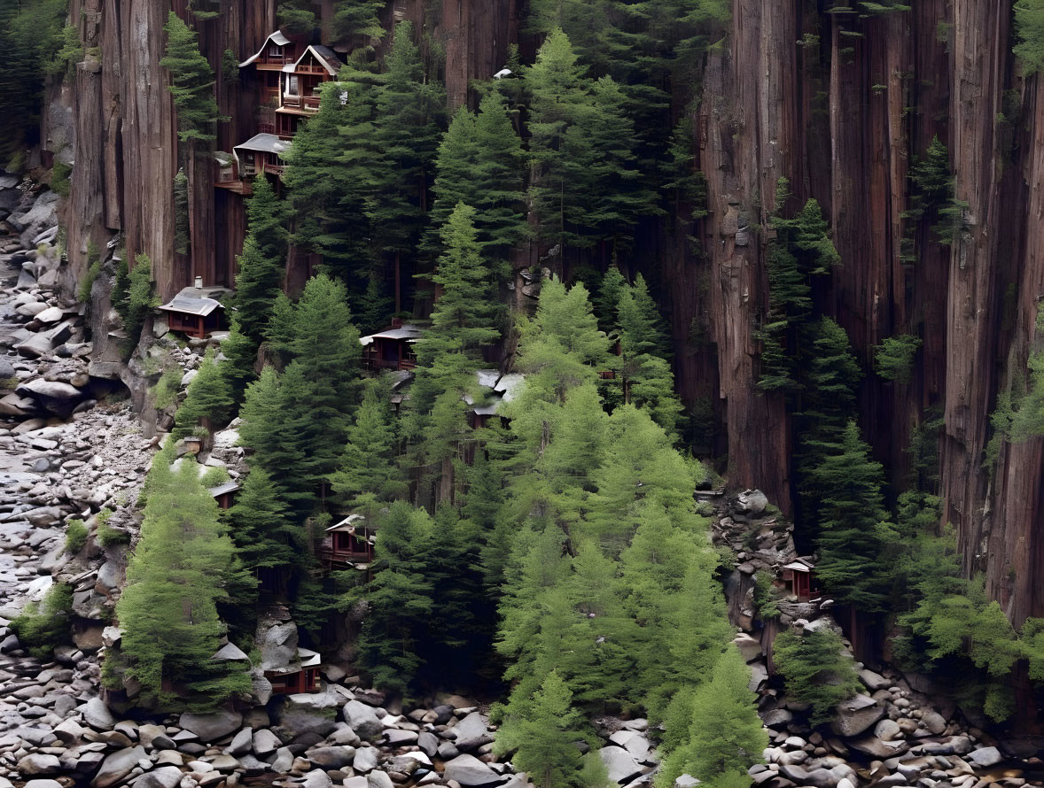 Tall Trees and Wooden Treehouses in Dense Forest