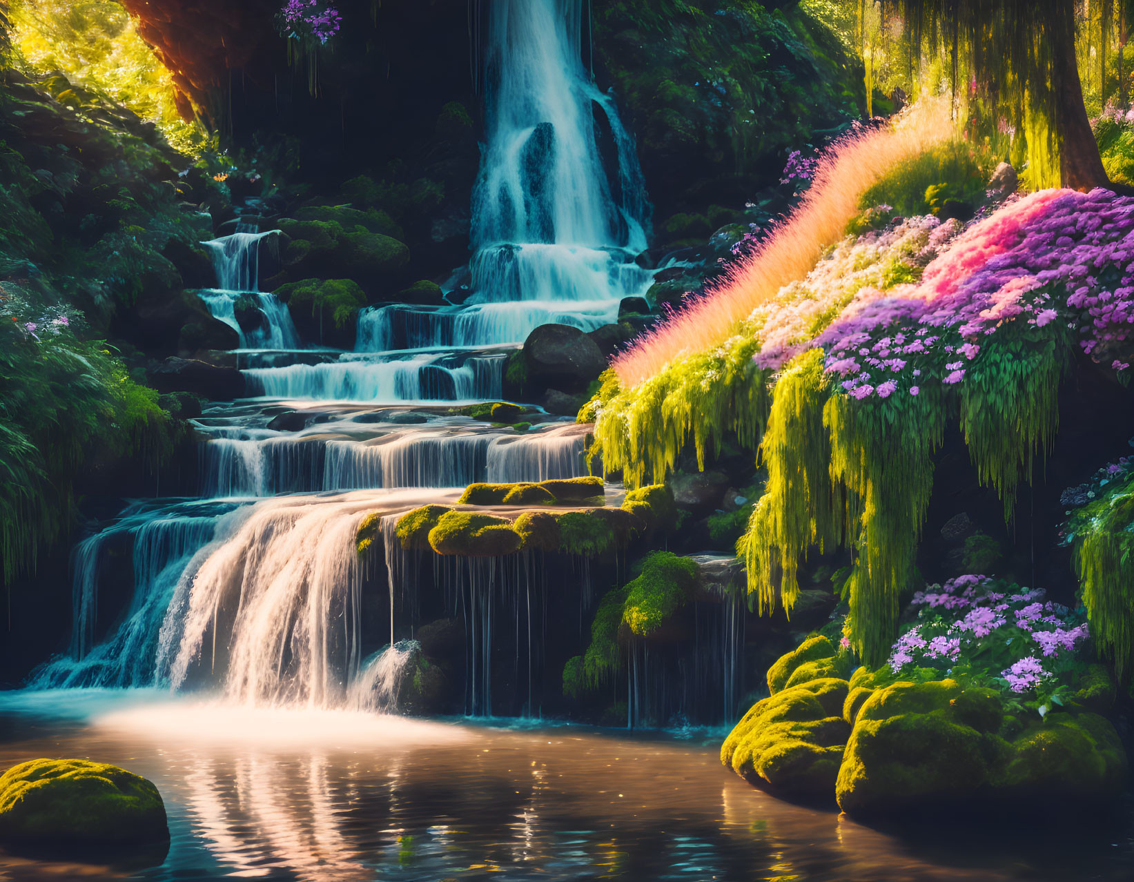 Tranquil waterfall in lush greenery with purple flowers