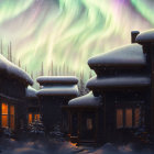 Snowy Fantasy Village with Ornate Buildings Under Green Night Sky