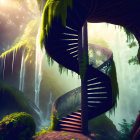 Enchanting forest scene with spiral staircase around giant tree