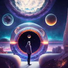 Person in surreal landscape with portal, moons, planets, spires, twilight sky