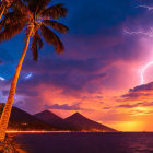 Tropical sunset with lightning over ocean, palm trees & mountains under purple sky