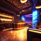 Sleek futuristic bar with orange lighting and space view