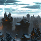 Medieval village in snow at dusk with warm windows and towering clouds