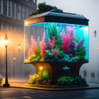 Ornate aquarium bus stop in fantastical urban scene