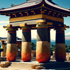 Intricate Japanese gate at temple with Mount Fuji view