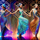 Three identical images of a woman in futuristic blue and gold dress against neon-lit geometric backdrop