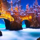 Ethereal fantasy landscape with illuminated castle-like structures above misty river