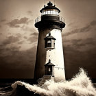 Dramatic lighthouse scene on rugged coastline with glowing windows and stormy sky