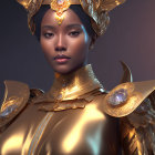 Elaborate golden headdress and jewelry on regal woman against shimmering lights