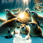 Seals basking underwater in sunlight with radiant sun rays.