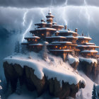 Multi-tiered ancient temple on snowy cliff with lightning and pine forest.