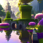 Vibrant fantasy landscape with towering green structures and purple trees