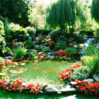 Tranquil garden with weeping willows, stream, red and white flowers