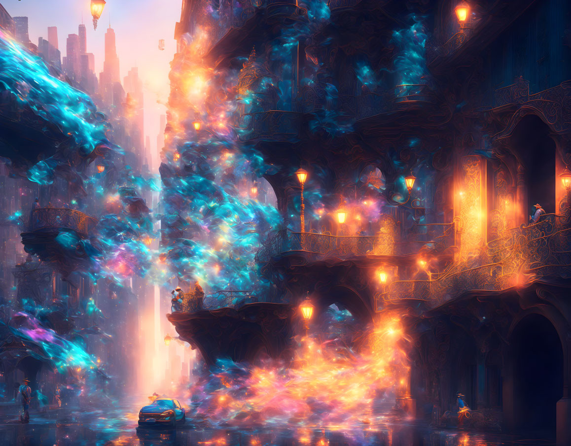 Futuristic neon-lit cityscape with floating cars and ornate buildings