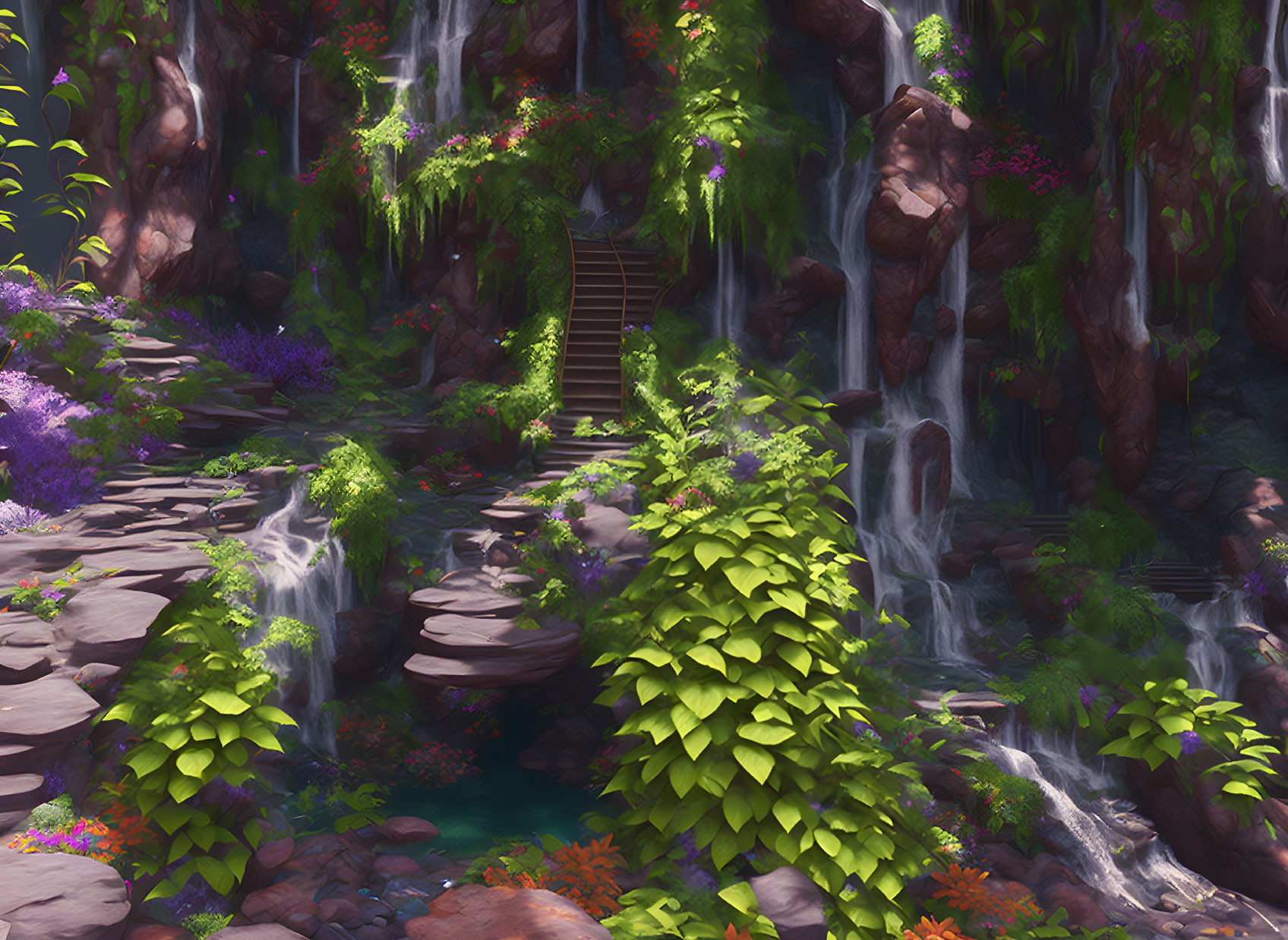 Tranquil waterfall with greenery, ladder, and rocks