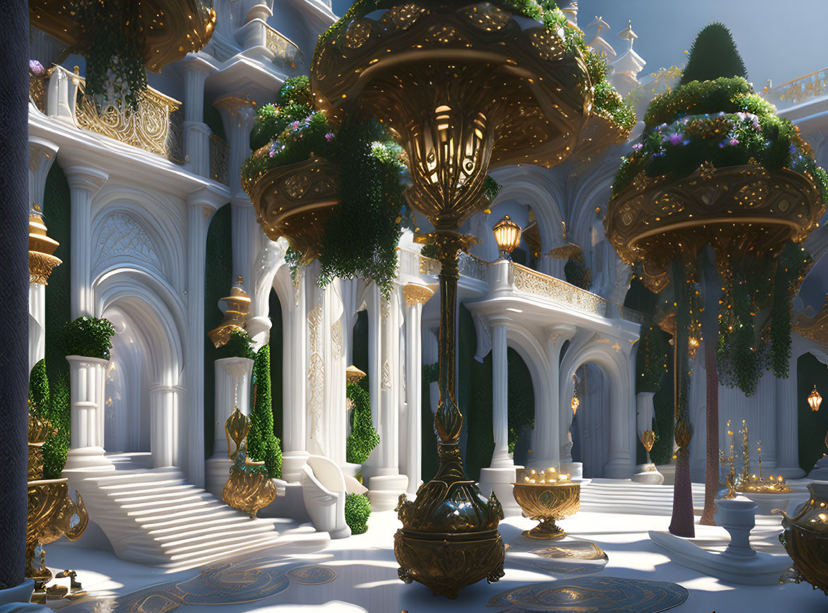 Luxurious Fantasy Palace Interior with Golden Details and Greenery