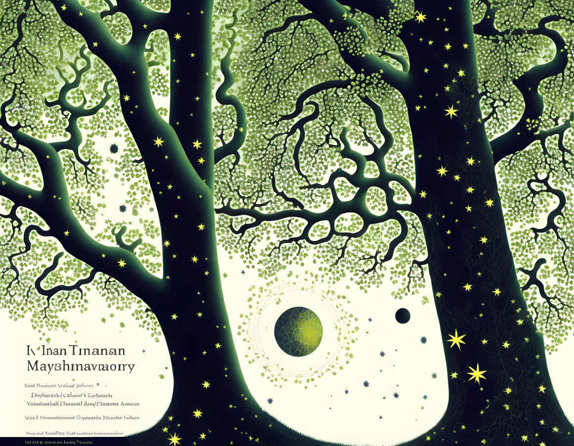 Enigmatic artwork: Silhouetted trees, starry backdrop, green foliage pattern, mystical portal