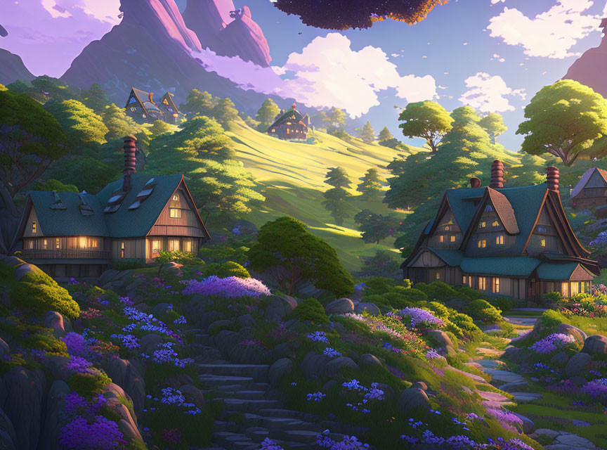 Picturesque village surrounded by lilac flowers, green hills, and purple mountains.