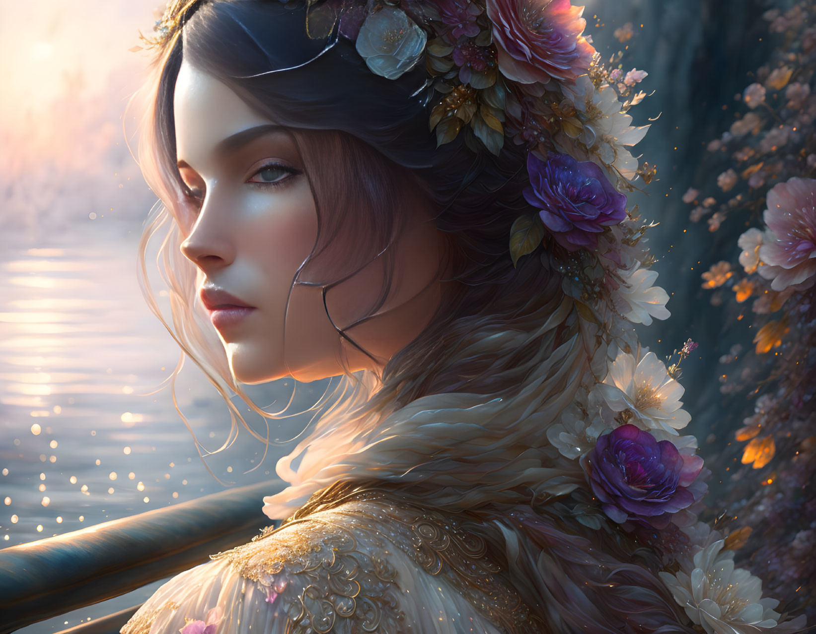 Digital portrait of woman with floral crown in soft, glowing setting