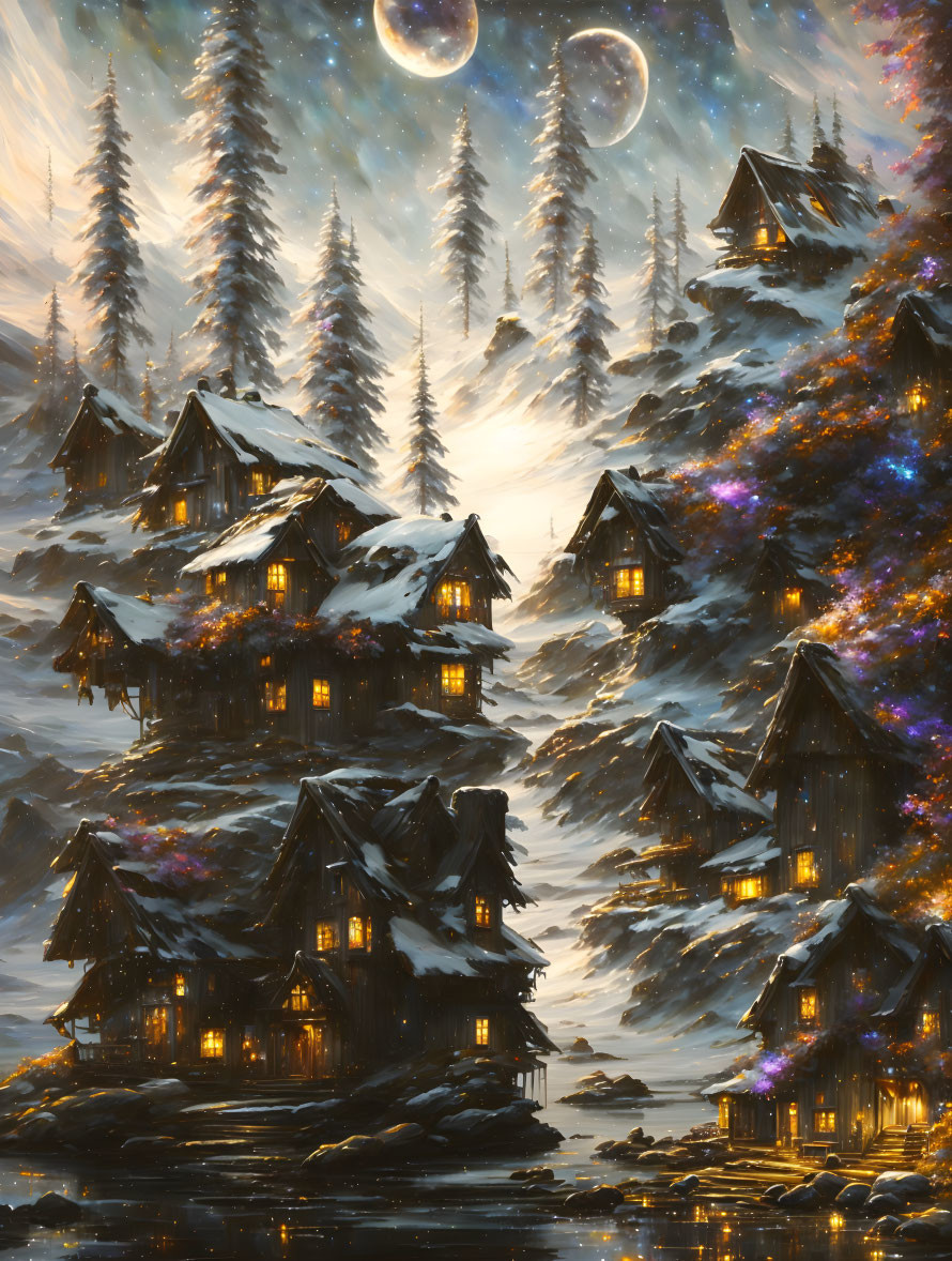 Snowy Mountain Village with Illuminated Cottages at Twilight under Two Moons