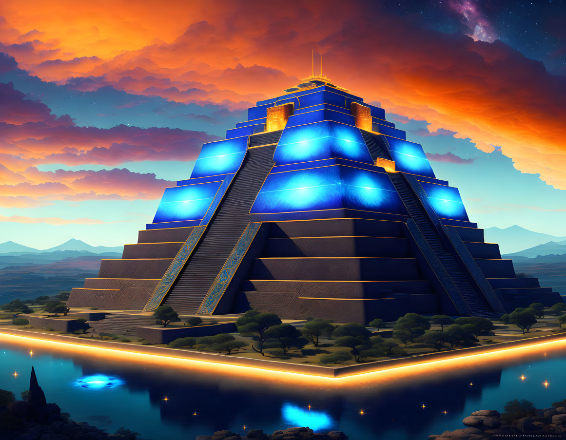 Futuristic pyramid with blue lights under evening sky and water reflections