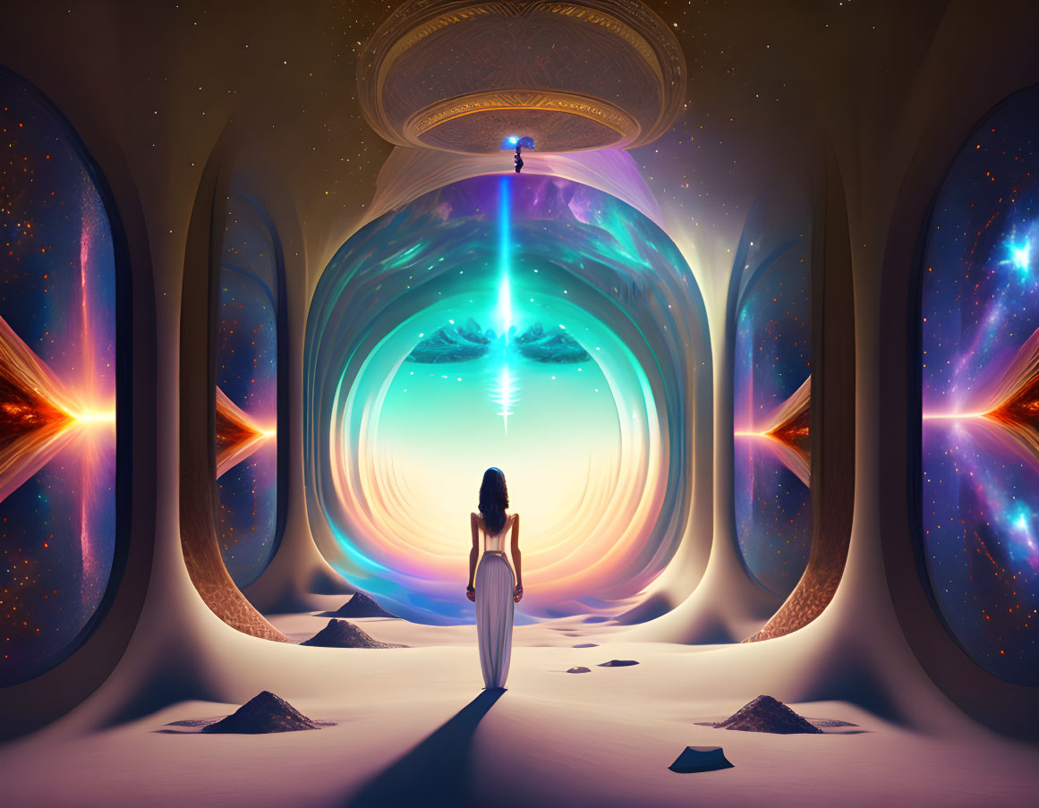 Futuristic tunnel entrance with cosmic scenery and stars visible