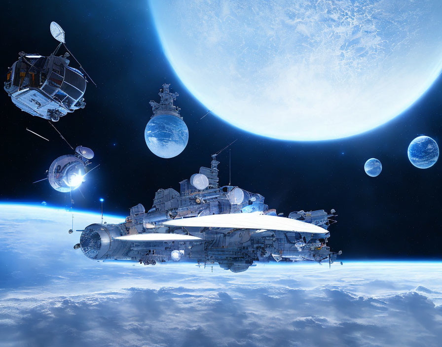 Futuristic spaceship hovering above cloudy planet with satellites and moons