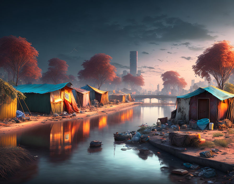 Riverside slum at dusk with tents, debris, and bridge under warm sky