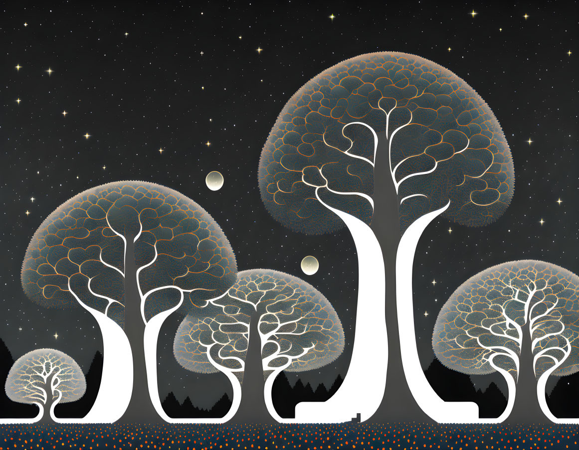 Stylized image of large white trees under starry night sky