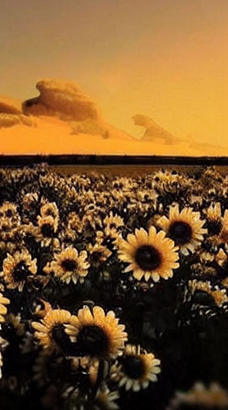 Sunflower field at sunset with golden sky and clouds