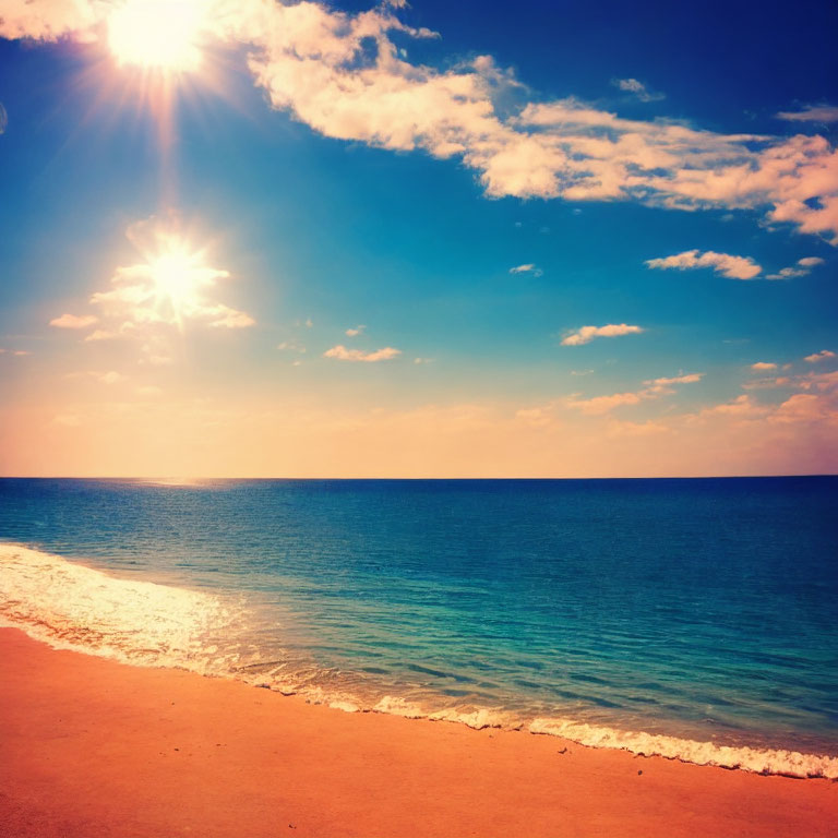 Tranquil beach scene with sunshine, clear blue waters, and golden sands