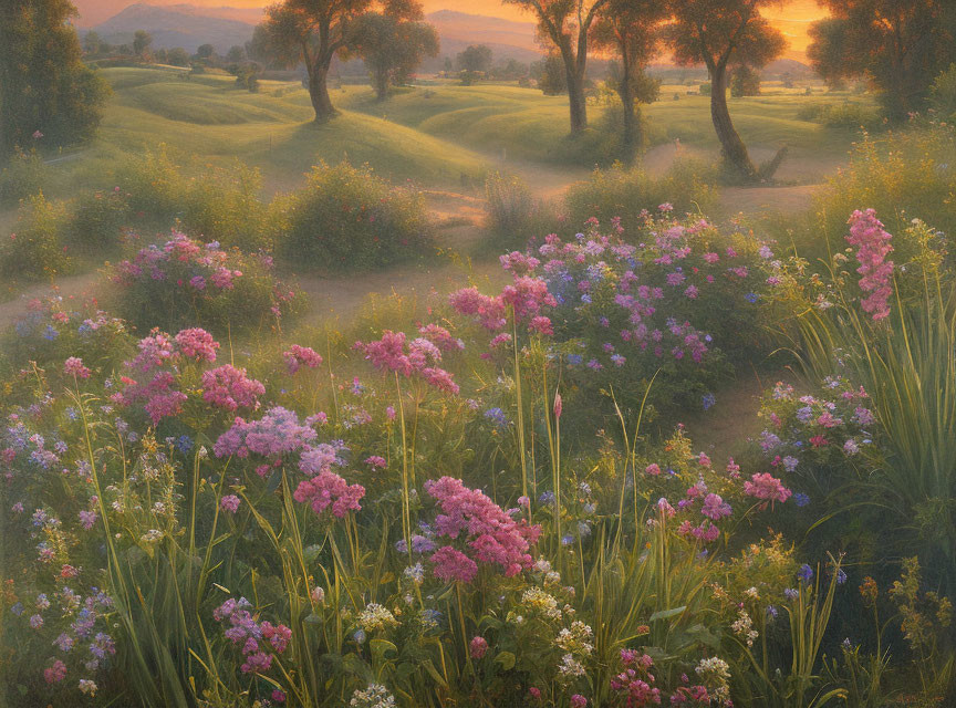 Tranquil sunrise landscape with wildflowers, hills, and trees in golden light