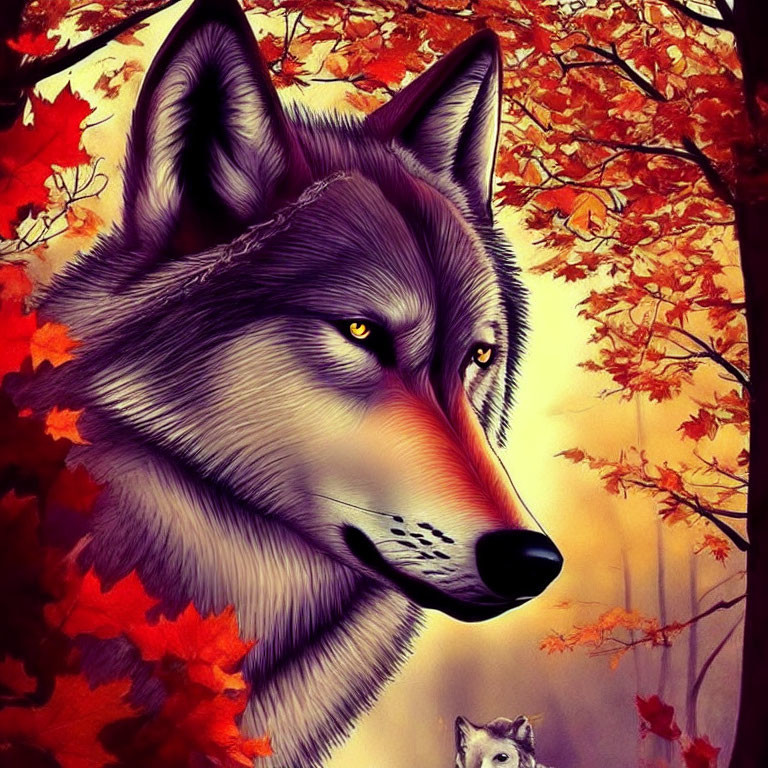 Detailed Wolf Head Illustration Against Autumnal Background