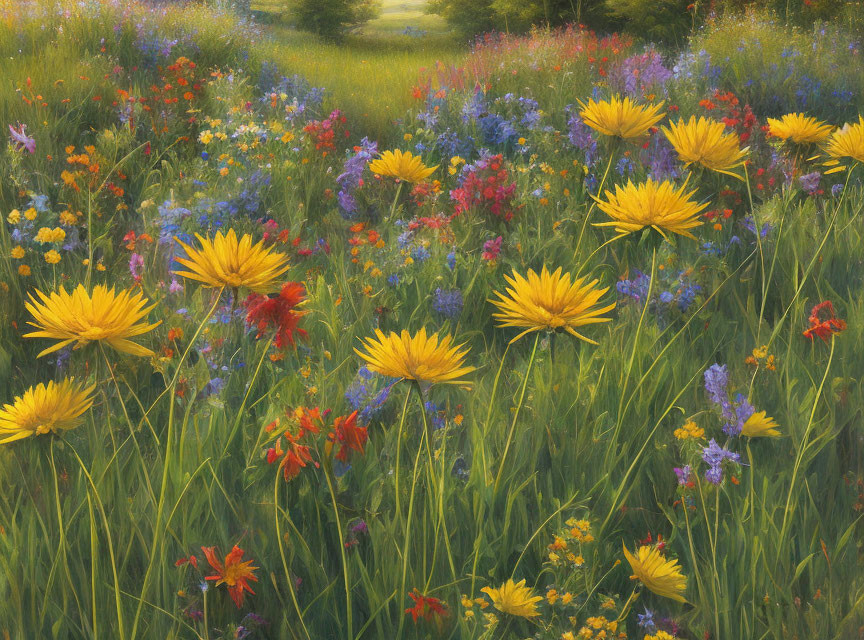 Vibrant Yellow Daisies and Wildflowers in Colorful Meadow