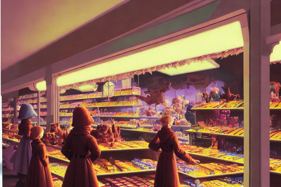 Futuristic grocery store with warm lighting and customers in hooded cloaks browsing colorful goods