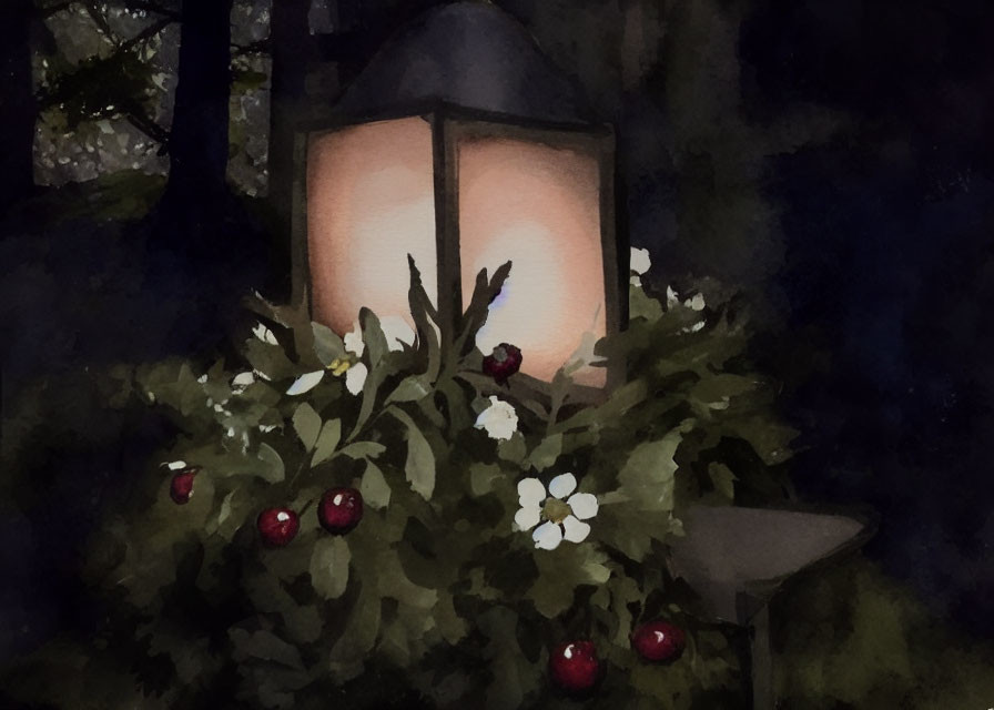 Watercolor painting: Glowing lantern in foliage with red berries and white flowers