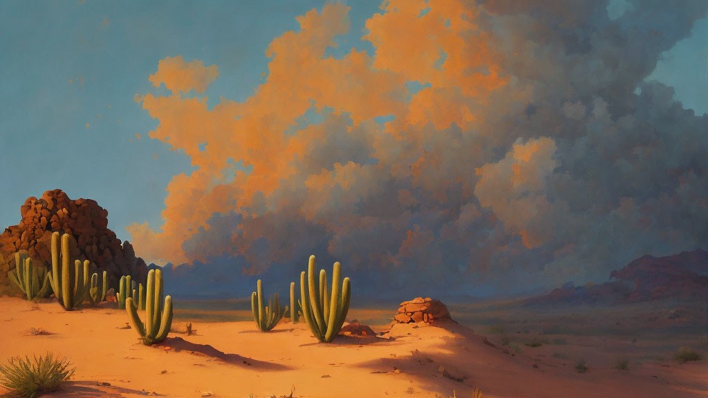 Sunset desert landscape with cacti, sand, rocks, and fluffy clouds