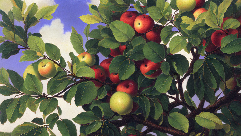 Realistic painting of ripe red and green apples on apple tree branches against blue sky