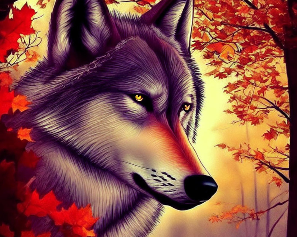 Detailed Wolf Head Illustration Against Autumnal Background