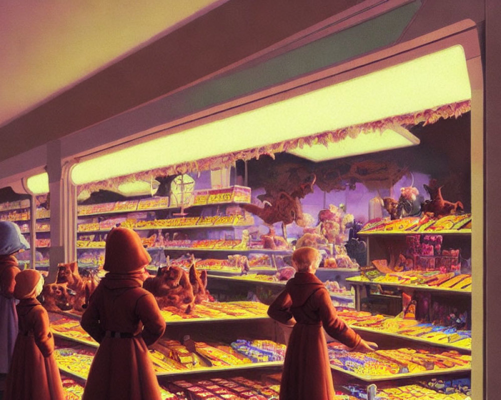 Futuristic grocery store with warm lighting and customers in hooded cloaks browsing colorful goods